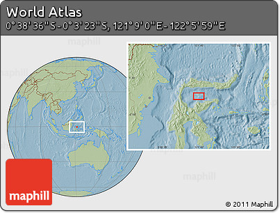 Savanna Style Location Map of the Area around 0° 21' 0" S, 121° 37' 30" E, hill shading