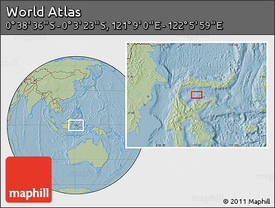 Savanna Style Location Map of the Area around 0° 21' 0" S, 121° 37' 30" E, hill shading