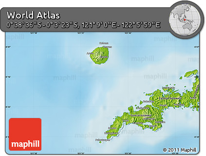 Physical Map of the Area around 0° 21' 0" S, 121° 37' 30" E