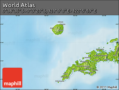 Physical Map of the Area around 0° 21' 0" S, 121° 37' 30" E