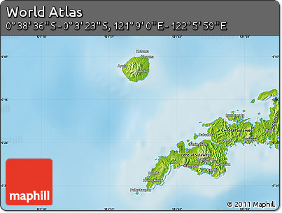 Physical Map of the Area around 0° 21' 0" S, 121° 37' 30" E