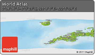 Physical Panoramic Map of the Area around 0° 21' 0" S, 121° 37' 30" E