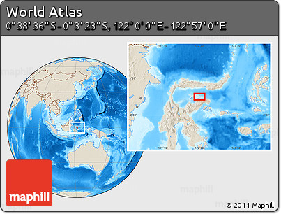Shaded Relief Location Map of the Area around 0° 21' 0" S, 122° 28' 29" E