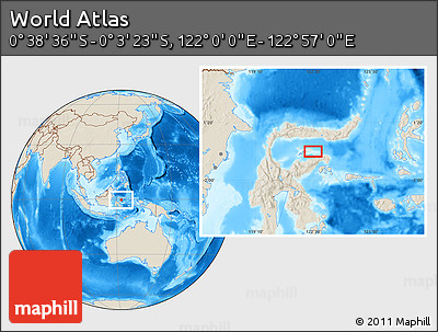 Shaded Relief Location Map of the Area around 0° 21' 0" S, 122° 28' 29" E