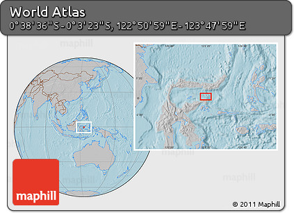 Gray Location Map of the Area around 0° 21' 0" S, 123° 19' 29" E, hill shading