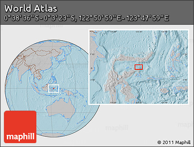 Gray Location Map of the Area around 0° 21' 0" S, 123° 19' 29" E, hill shading