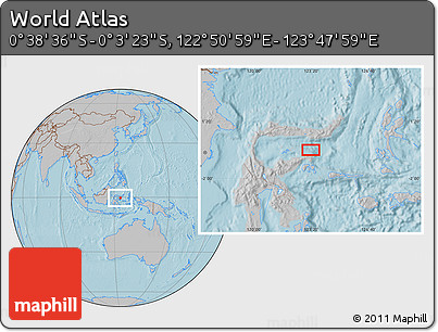 Gray Location Map of the Area around 0° 21' 0" S, 123° 19' 29" E, hill shading