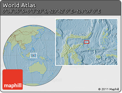 Savanna Style Location Map of the Area around 0° 21' 0" S, 124° 10' 30" E, hill shading