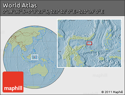 Savanna Style Location Map of the Area around 0° 21' 0" S, 124° 10' 30" E, hill shading