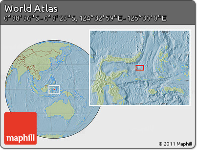 Savanna Style Location Map of the Area around 0° 21' 0" S, 125° 1' 30" E, hill shading