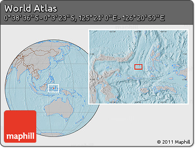 Gray Location Map of the Area around 0° 21' 0" S, 125° 52' 30" E, hill shading