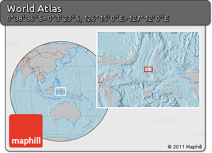 Gray Location Map of the Area around 0° 21' 0" S, 126° 43' 29" E, hill shading