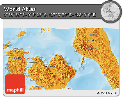 Political 3D Map of the Area around 0° 21' 0" S, 127° 34' 30" E
