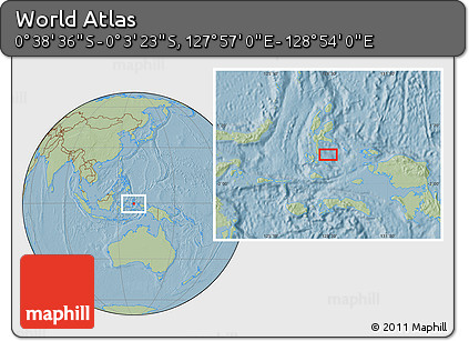 Savanna Style Location Map of the Area around 0° 21' 0" S, 128° 25' 30" E, hill shading