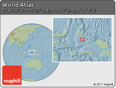 Savanna Style Location Map of the Area around 0° 21' 0" S, 128° 25' 30" E, hill shading