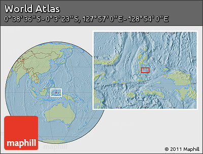 Savanna Style Location Map of the Area around 0° 21' 0" S, 128° 25' 30" E, hill shading