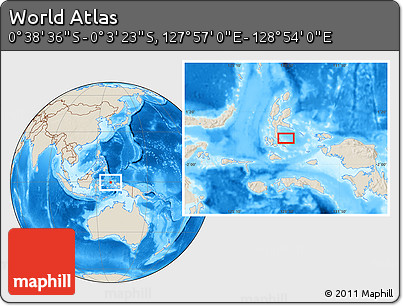 Shaded Relief Location Map of the Area around 0° 21' 0" S, 128° 25' 30" E