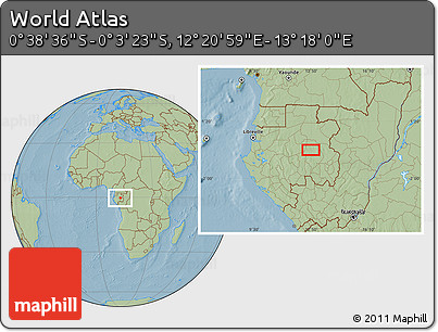 Savanna Style Location Map of the Area around 0° 21' 0" S, 12° 49' 29" E, hill shading