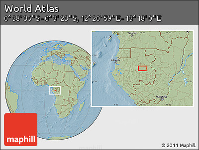 Savanna Style Location Map of the Area around 0° 21' 0" S, 12° 49' 29" E, hill shading