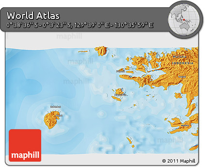 Political 3D Map of the Area around 0° 21' 0" S, 130° 7' 30" E