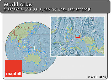 Savanna Style Location Map of the Area around 0° 21' 0" S, 130° 7' 30" E, hill shading