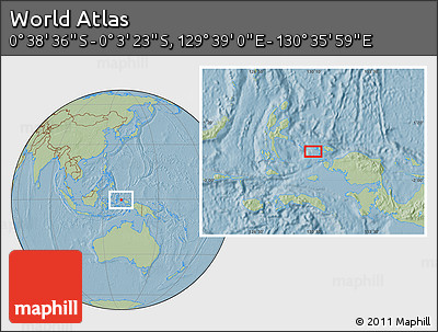 Savanna Style Location Map of the Area around 0° 21' 0" S, 130° 7' 30" E, hill shading