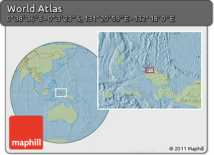 Savanna Style Location Map of the Area around 0° 21' 0" S, 131° 49' 29" E, hill shading