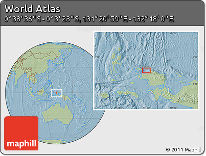 Savanna Style Location Map of the Area around 0° 21' 0" S, 131° 49' 29" E, hill shading