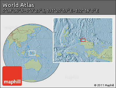 Savanna Style Location Map of the Area around 0° 21' 0" S, 131° 49' 29" E, hill shading