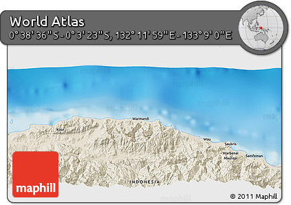 Shaded Relief 3D Map of the Area around 0° 21' 0" S, 132° 40' 30" E