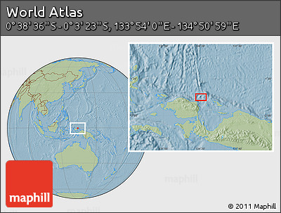 Savanna Style Location Map of the Area around 0° 21' 0" S, 134° 22' 30" E, hill shading