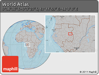 Gray Location Map of the Area around 0° 21' 0" S, 13° 40' 30" E, hill shading