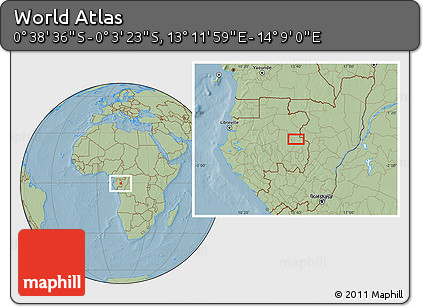 Savanna Style Location Map of the Area around 0° 21' 0" S, 13° 40' 30" E, hill shading