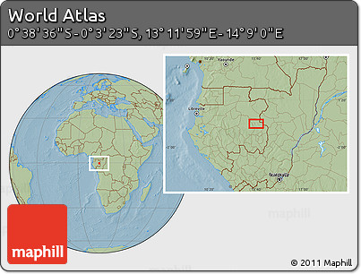 Savanna Style Location Map of the Area around 0° 21' 0" S, 13° 40' 30" E, hill shading