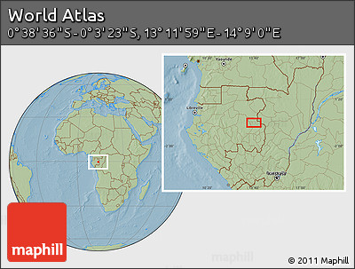 Savanna Style Location Map of the Area around 0° 21' 0" S, 13° 40' 30" E, hill shading