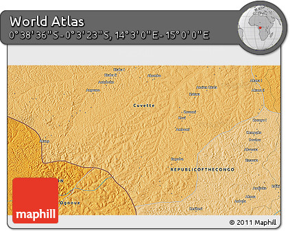 Political 3D Map of the Area around 0° 21' 0" S, 14° 31' 30" E
