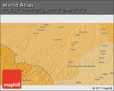 Political 3D Map of the Area around 0° 21' 0" S, 14° 31' 30" E