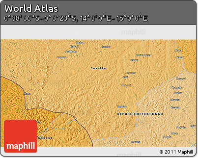 Political 3D Map of the Area around 0° 21' 0" S, 14° 31' 30" E