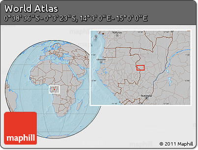 Gray Location Map of the Area around 0° 21' 0" S, 14° 31' 30" E, hill shading