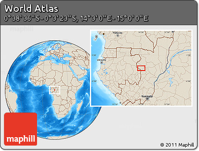 Shaded Relief Location Map of the Area around 0° 21' 0" S, 14° 31' 30" E