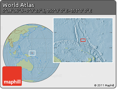 Savanna Style Location Map of the Area around 0° 21' 0" S, 150° 31' 30" E, hill shading