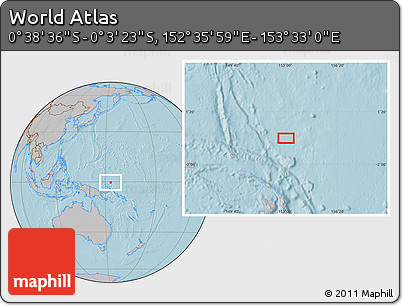 Gray Location Map of the Area around 0° 21' 0" S, 153° 4' 29" E, hill shading