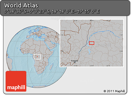 Gray Location Map of the Area around 0° 21' 0" S, 18° 46' 29" E, hill shading