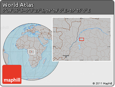 Gray Location Map of the Area around 0° 21' 0" S, 18° 46' 29" E, hill shading
