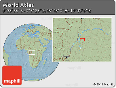 Savanna Style Location Map of the Area around 0° 21' 0" S, 18° 46' 29" E, hill shading