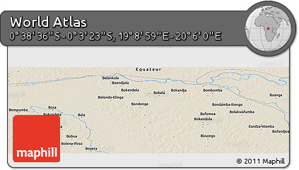 Shaded Relief Panoramic Map of the Area around 0° 21' 0" S, 19° 37' 30" E