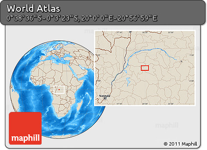 Shaded Relief Location Map of the Area around 0° 21' 0" S, 20° 28' 30" E