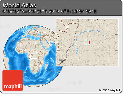 Shaded Relief Location Map of the Area around 0° 21' 0" S, 20° 28' 30" E