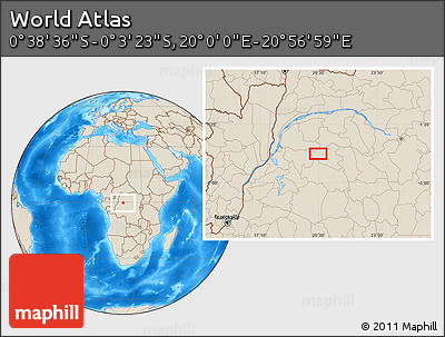 Shaded Relief Location Map of the Area around 0° 21' 0" S, 20° 28' 30" E