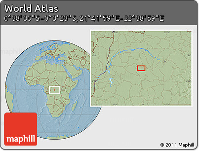 Savanna Style Location Map of the Area around 0° 21' 0" S, 22° 10' 29" E, hill shading